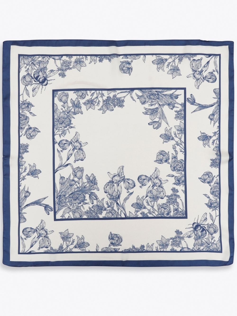 Blue & Cream Floral Square Silk-Feel Scarf